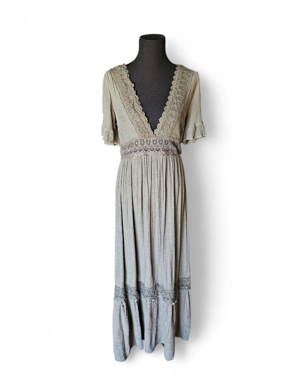 Wishlist Olive Green Lace Trim Maxi Dress Small Boho Prairie Cottagecore Deep V